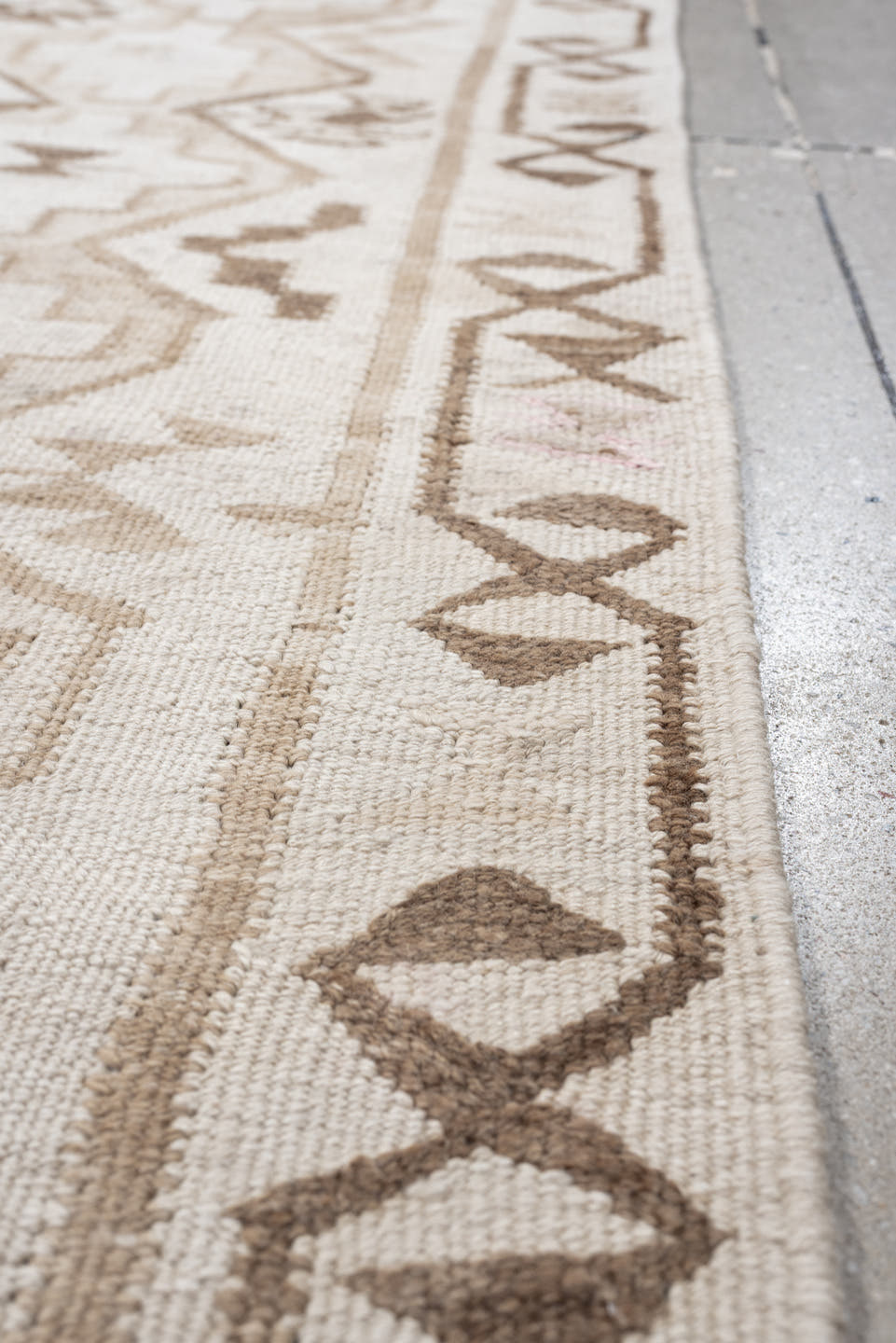 2' x 10' one-of-a-kind handmade antique Kilim runner rug. Color palette: ivory, taupe, brown, camel, blush, beige, gray