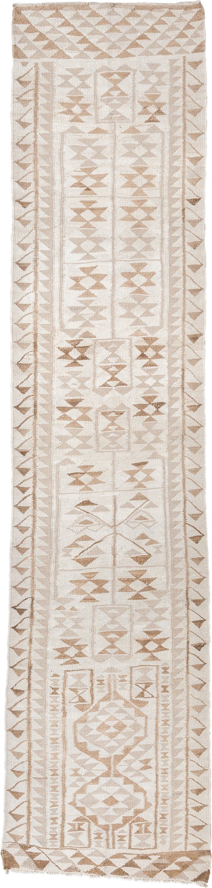 3' x 12' one-of-a-kind handmade antique Kilim runner rug. Color palette: ivory, camel, taupe, sand, beige, gray
