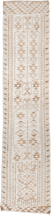 3' x 12' one-of-a-kind handmade antique Kilim runner rug. Color palette: ivory, camel, taupe, sand, beige, gray