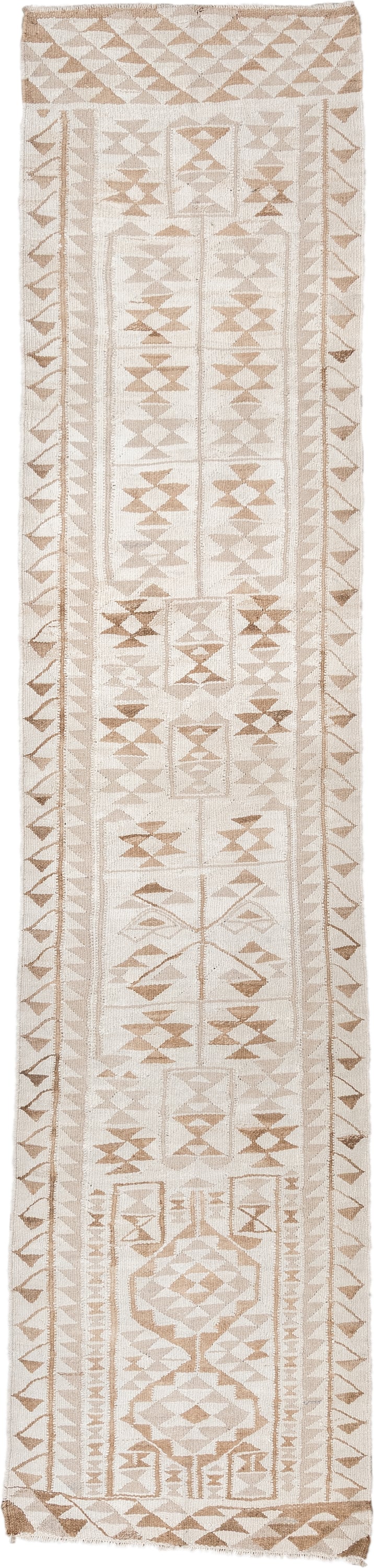 3' x 12' one-of-a-kind handmade antique Kilim runner rug. Color palette: ivory, camel, taupe, sand, beige, gray