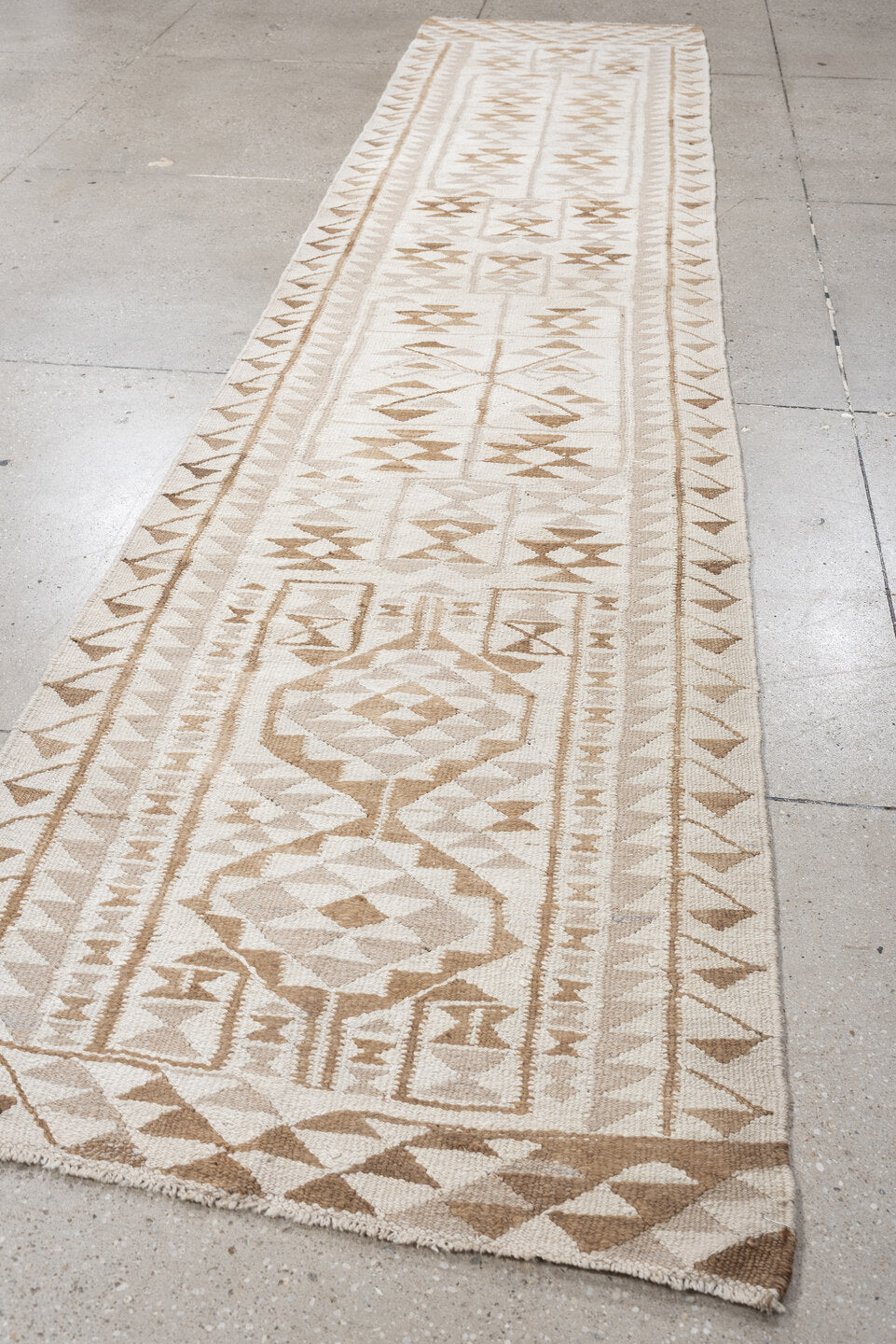 3' x 12' one-of-a-kind handmade antique Kilim runner rug. Color palette: ivory, camel, taupe, sand, beige, gray