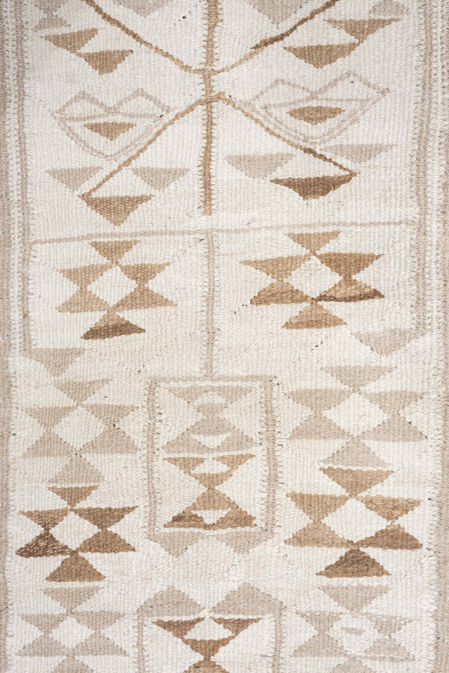 3' x 12' one-of-a-kind handmade antique Kilim runner rug. Color palette: ivory, camel, taupe, sand, beige, gray