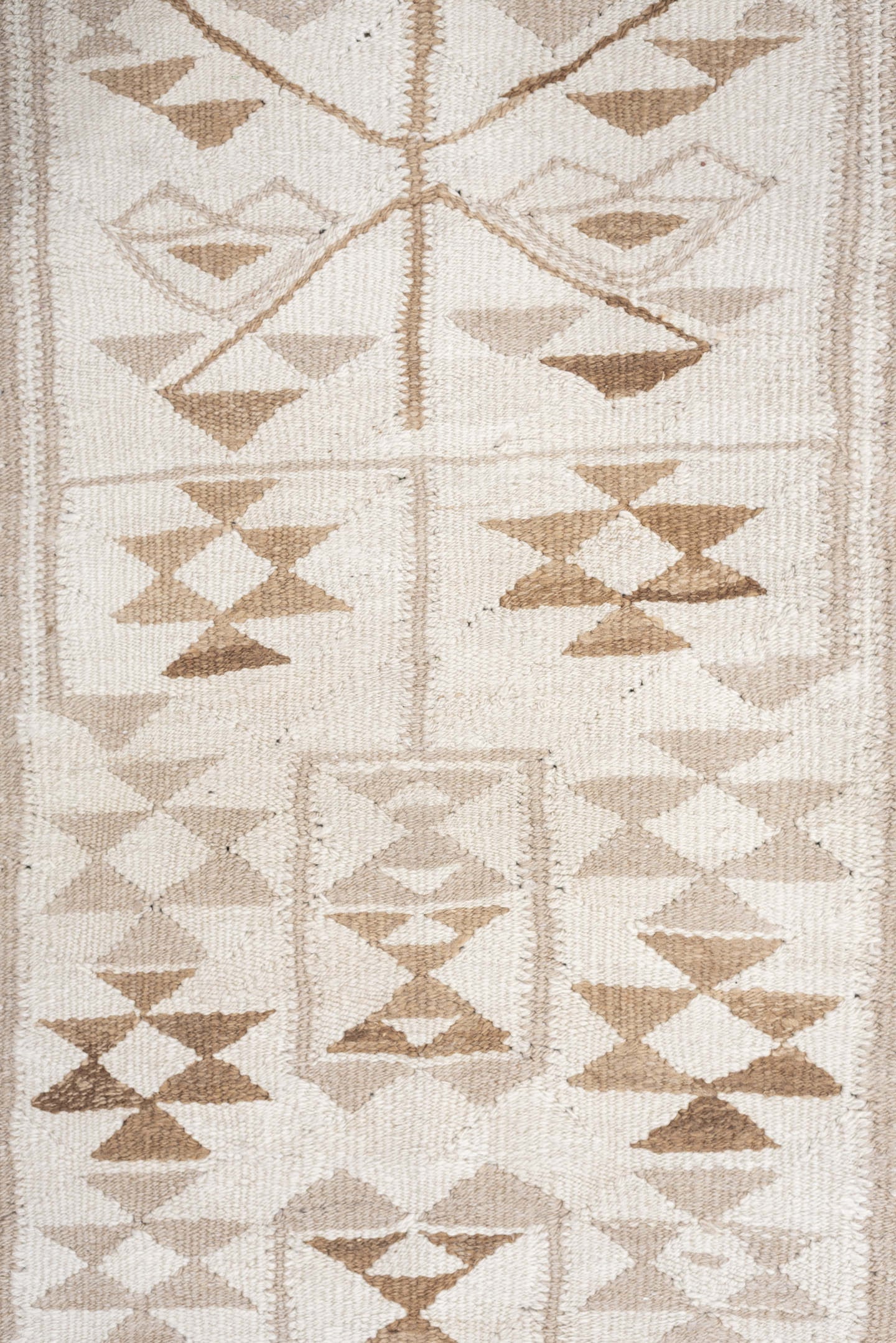 3' x 12' one-of-a-kind handmade antique Kilim runner rug. Color palette: ivory, camel, taupe, sand, beige, gray