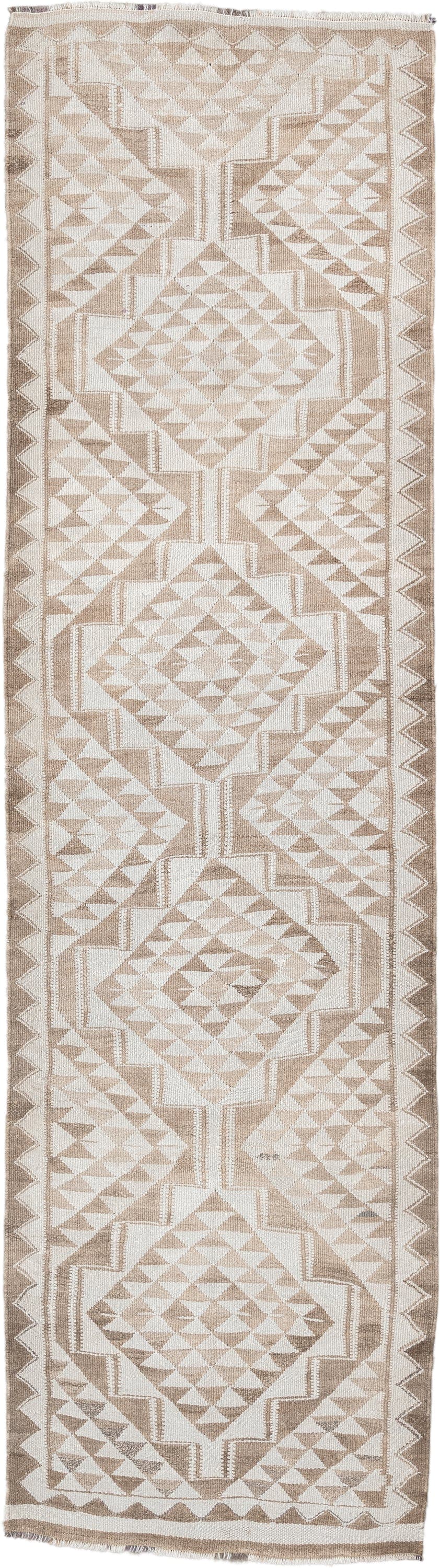 2' x 10' one-of-a-kind handmade antique Kilim runner rug. Color palette: ivory, taupe, beige, sand, gray