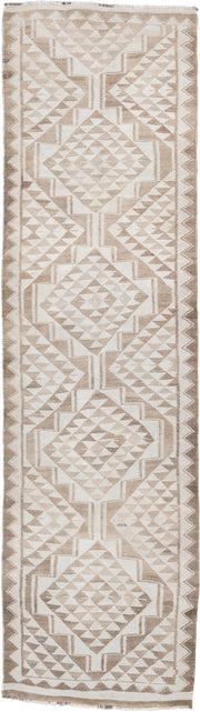 2' x 10' one-of-a-kind handmade antique Kilim runner rug. Color palette: ivory, taupe, beige, sand, gray