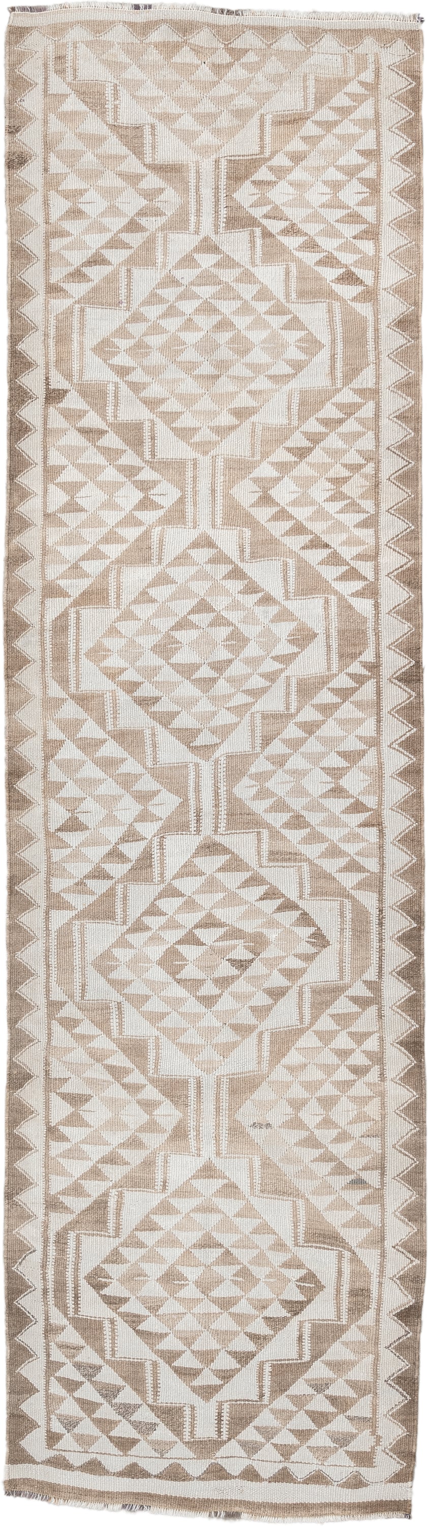 2' x 10' one-of-a-kind handmade antique Kilim runner rug. Color palette: ivory, taupe, beige, sand, gray