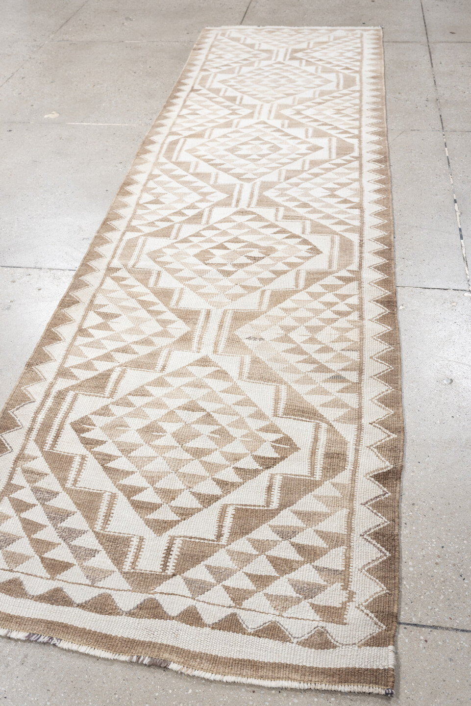 2' x 10' one-of-a-kind handmade antique Kilim runner rug. Color palette: ivory, taupe, beige, sand, gray