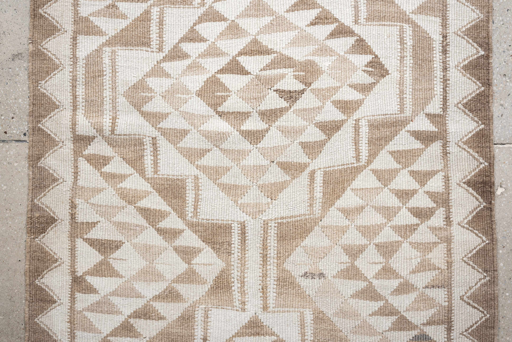 2' x 10' one-of-a-kind handmade antique Kilim runner rug. Color palette: ivory, taupe, beige, sand, gray