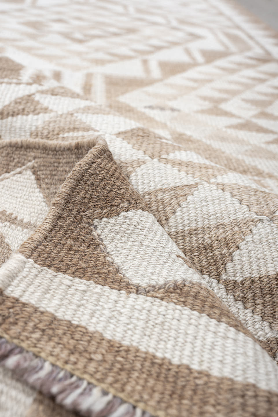 2' x 10' one-of-a-kind handmade antique Kilim runner rug. Color palette: ivory, taupe, beige, sand, gray
