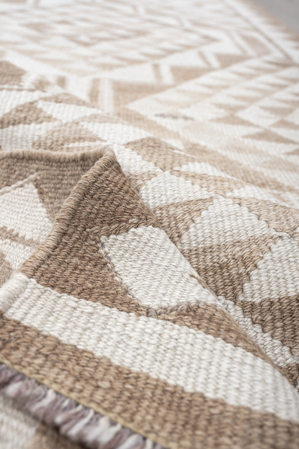 2' x 10' one-of-a-kind handmade antique Kilim runner rug. Color palette: ivory, taupe, beige, sand, gray