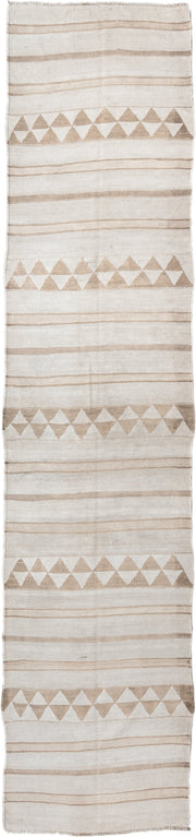 3' x 13' one-of-a-kind handmade antique Kilim runner rug. Color palette: ivory, sand, taupe, cream, beige, gray