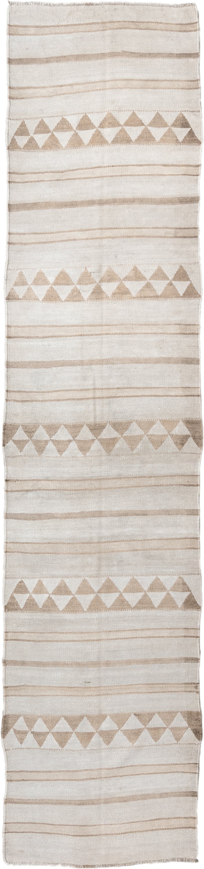 3' x 13' one-of-a-kind handmade antique Kilim runner rug. Color palette: ivory, sand, taupe, cream, beige, gray