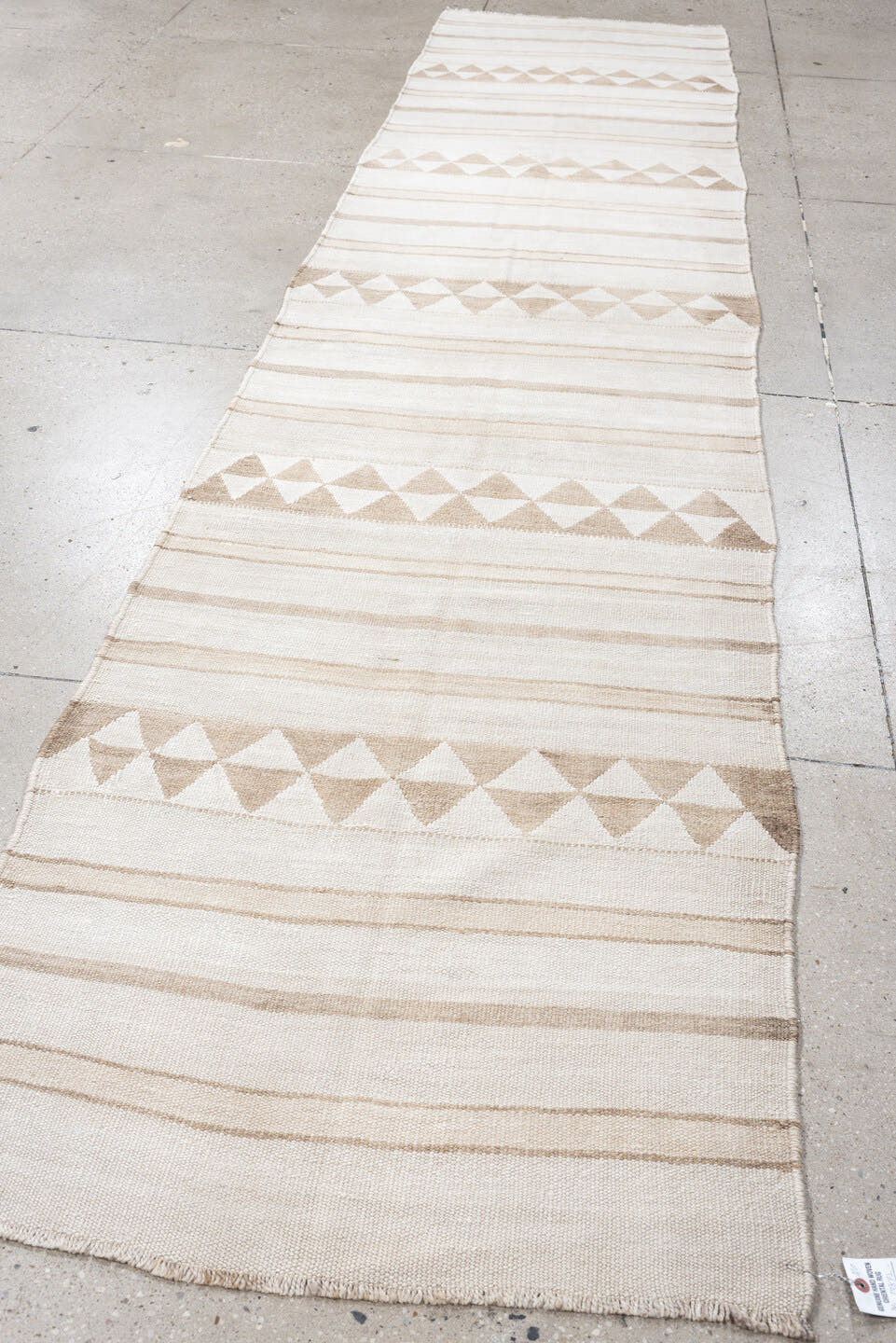 3' x 13' one-of-a-kind handmade antique Kilim runner rug. Color palette: ivory, sand, taupe, cream, beige, gray