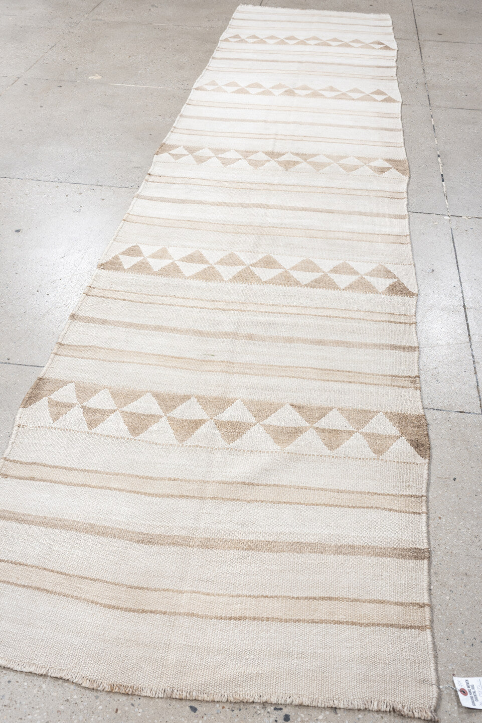 3' x 13' one-of-a-kind handmade antique Kilim runner rug. Color palette: ivory, sand, taupe, cream, beige, gray