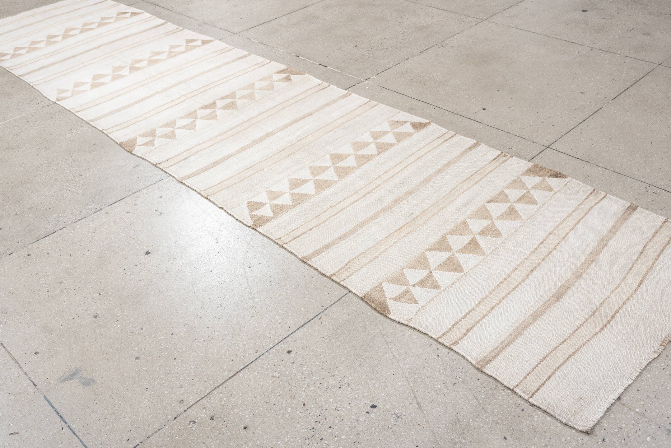 3' x 13' one-of-a-kind handmade antique Kilim runner rug. Color palette: ivory, sand, taupe, cream, beige, gray