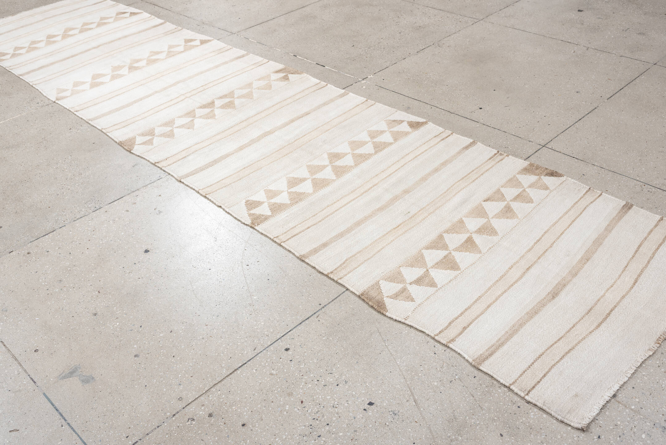 3' x 13' one-of-a-kind handmade antique Kilim runner rug. Color palette: ivory, sand, taupe, cream, beige, gray