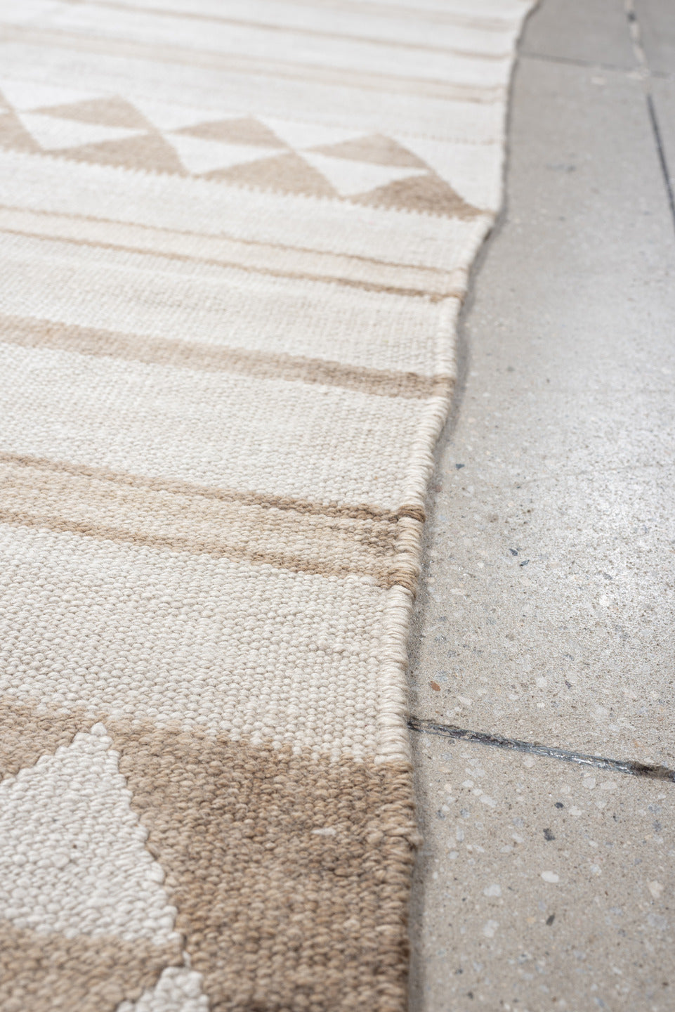 3' x 13' one-of-a-kind handmade antique Kilim runner rug. Color palette: ivory, sand, taupe, cream, beige, gray