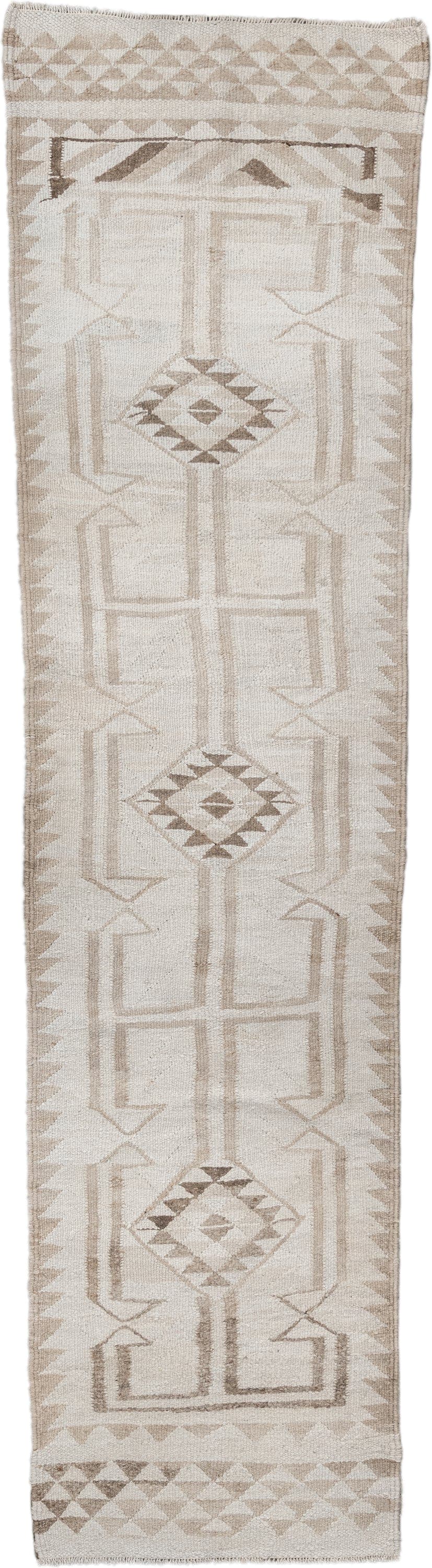 2' x 10' one-of-a-kind handmade antique Kilim runner rug. Color palette: ivory, taupe, beige, sand, gray