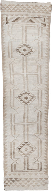 2' x 10' one-of-a-kind handmade antique Kilim runner rug. Color palette: ivory, taupe, beige, sand, gray