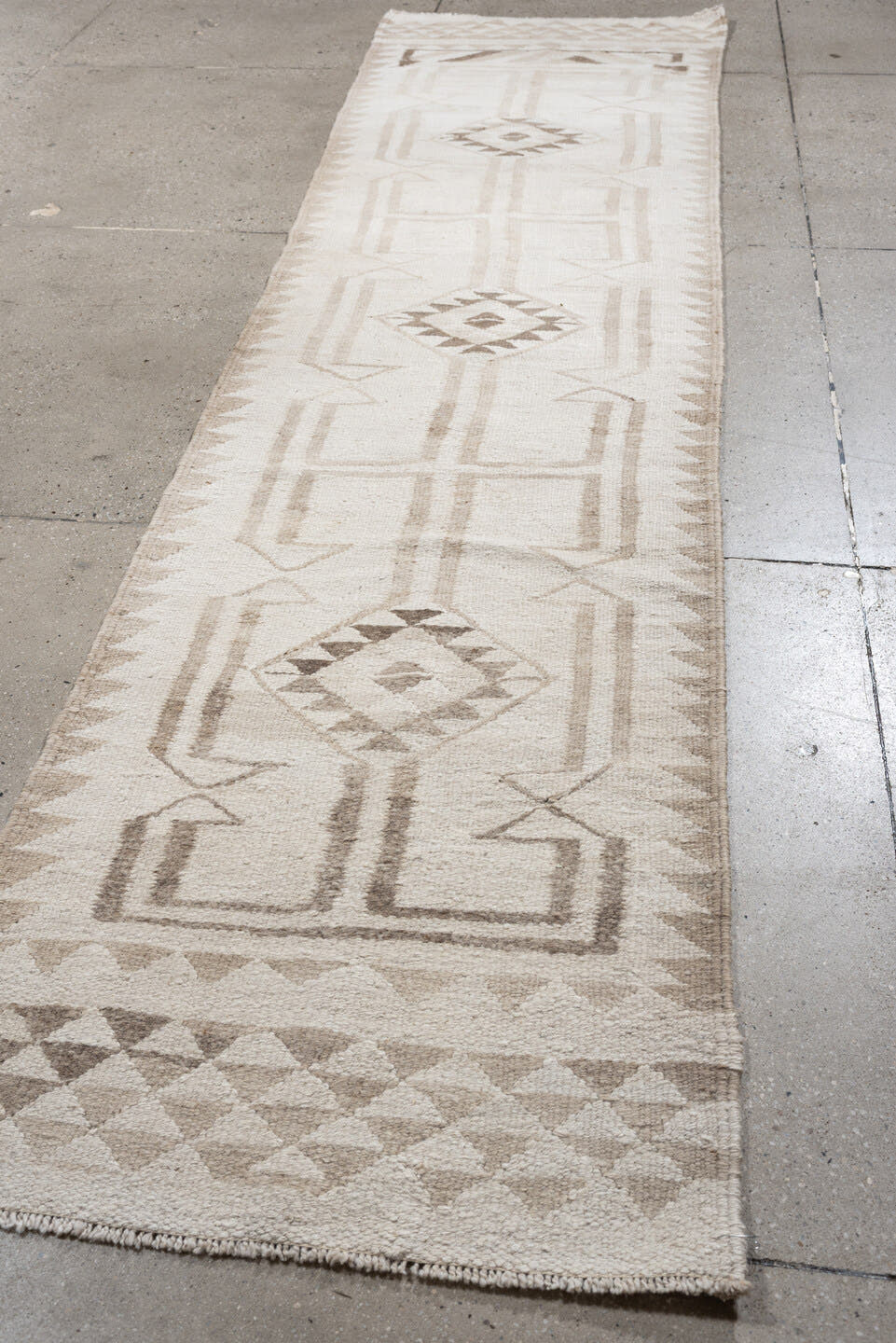 2' x 10' one-of-a-kind handmade antique Kilim runner rug. Color palette: ivory, taupe, beige, sand, gray
