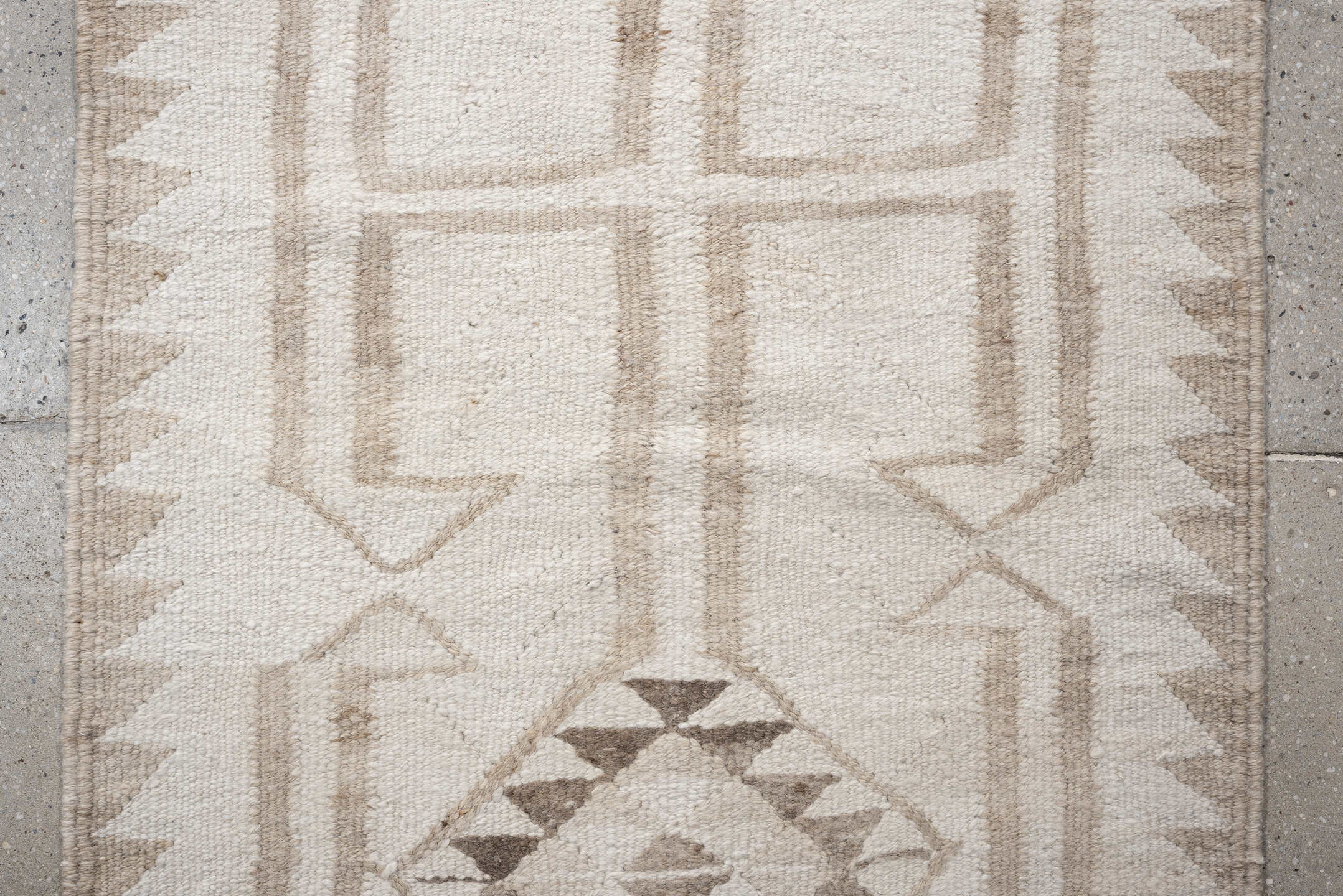 2' x 10' one-of-a-kind handmade antique Kilim runner rug. Color palette: ivory, taupe, beige, sand, gray