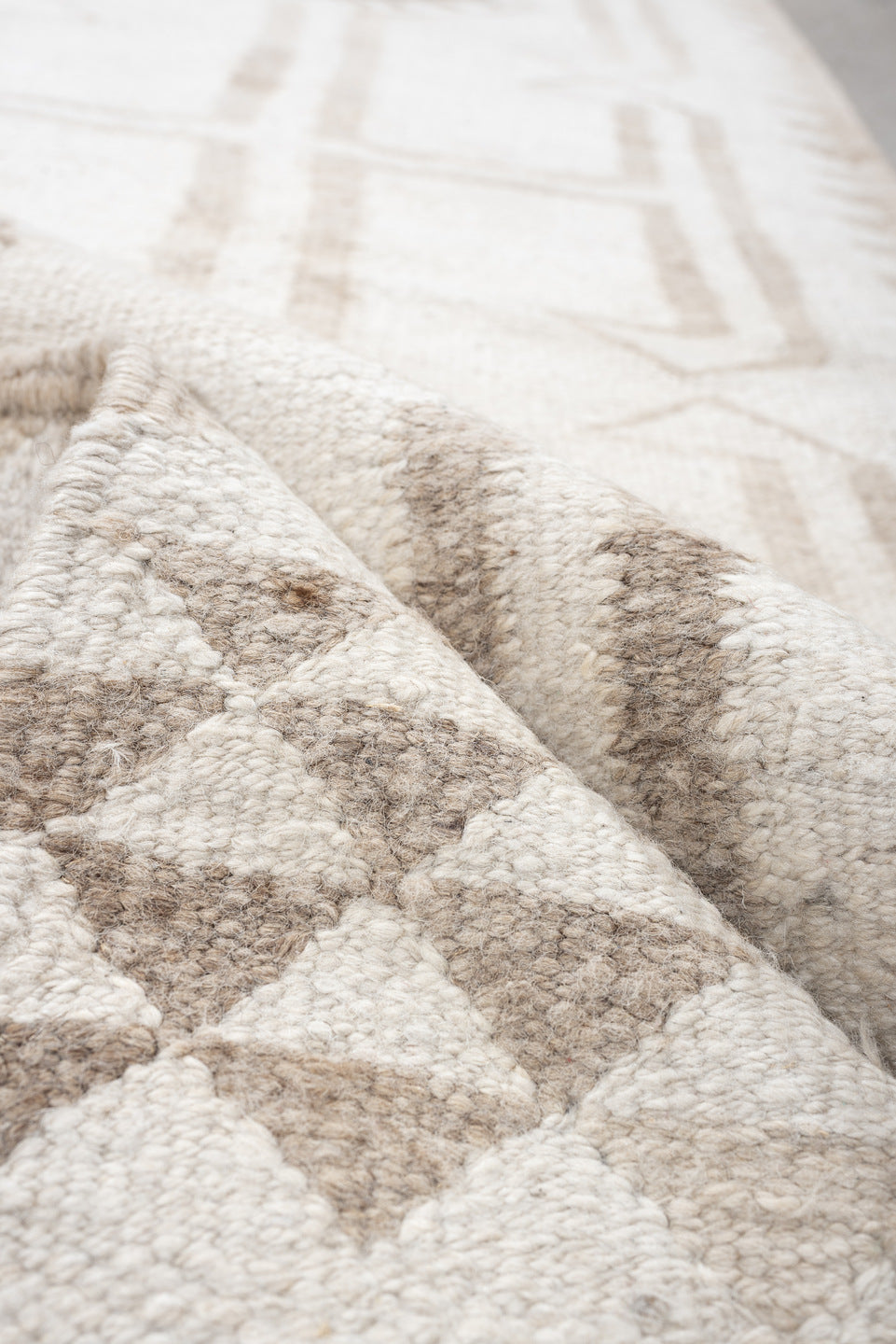 2' x 10' one-of-a-kind handmade antique Kilim runner rug. Color palette: ivory, taupe, beige, sand, gray