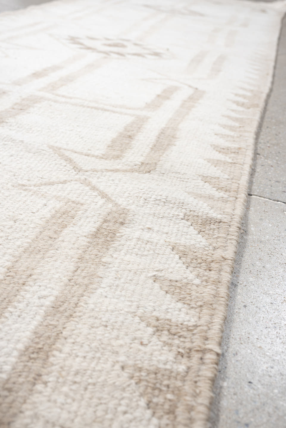 2' x 10' one-of-a-kind handmade antique Kilim runner rug. Color palette: ivory, taupe, beige, sand, gray