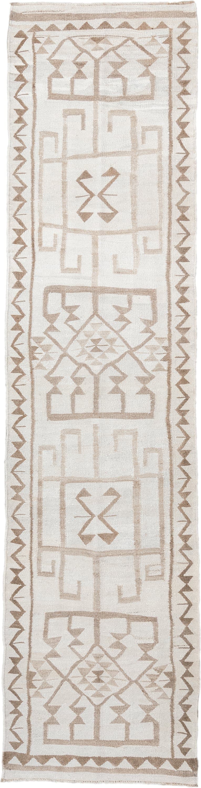2' x 11' one-of-a-kind handmade antique Kilim runner rug. Color palette: ivory, taupe, beige, sand, gray
