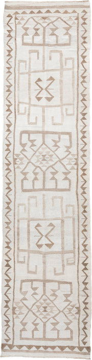 2' x 11' one-of-a-kind handmade antique Kilim runner rug. Color palette: ivory, taupe, beige, sand, gray
