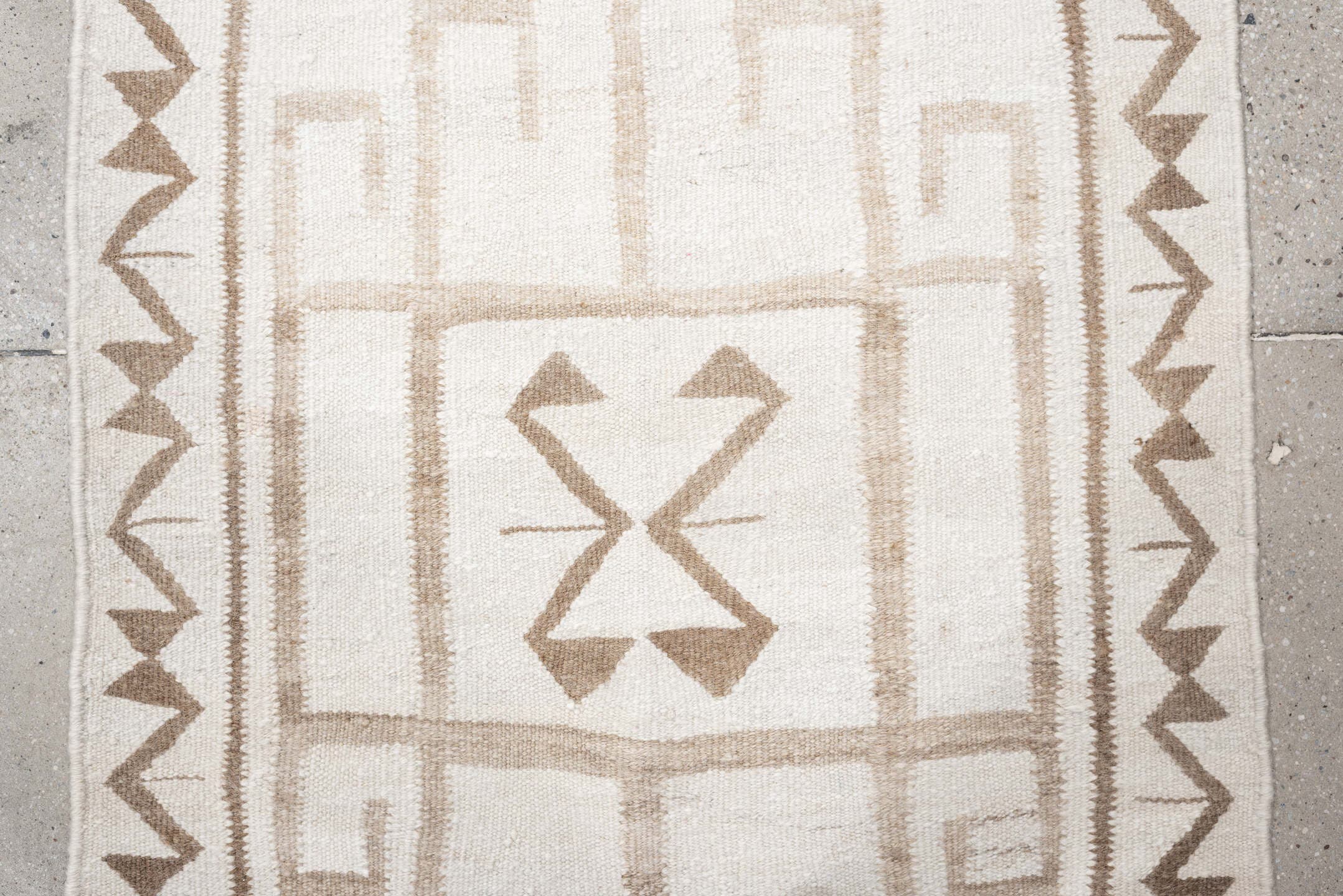 2' x 11' one-of-a-kind handmade antique Kilim runner rug. Color palette: ivory, taupe, beige, sand, gray