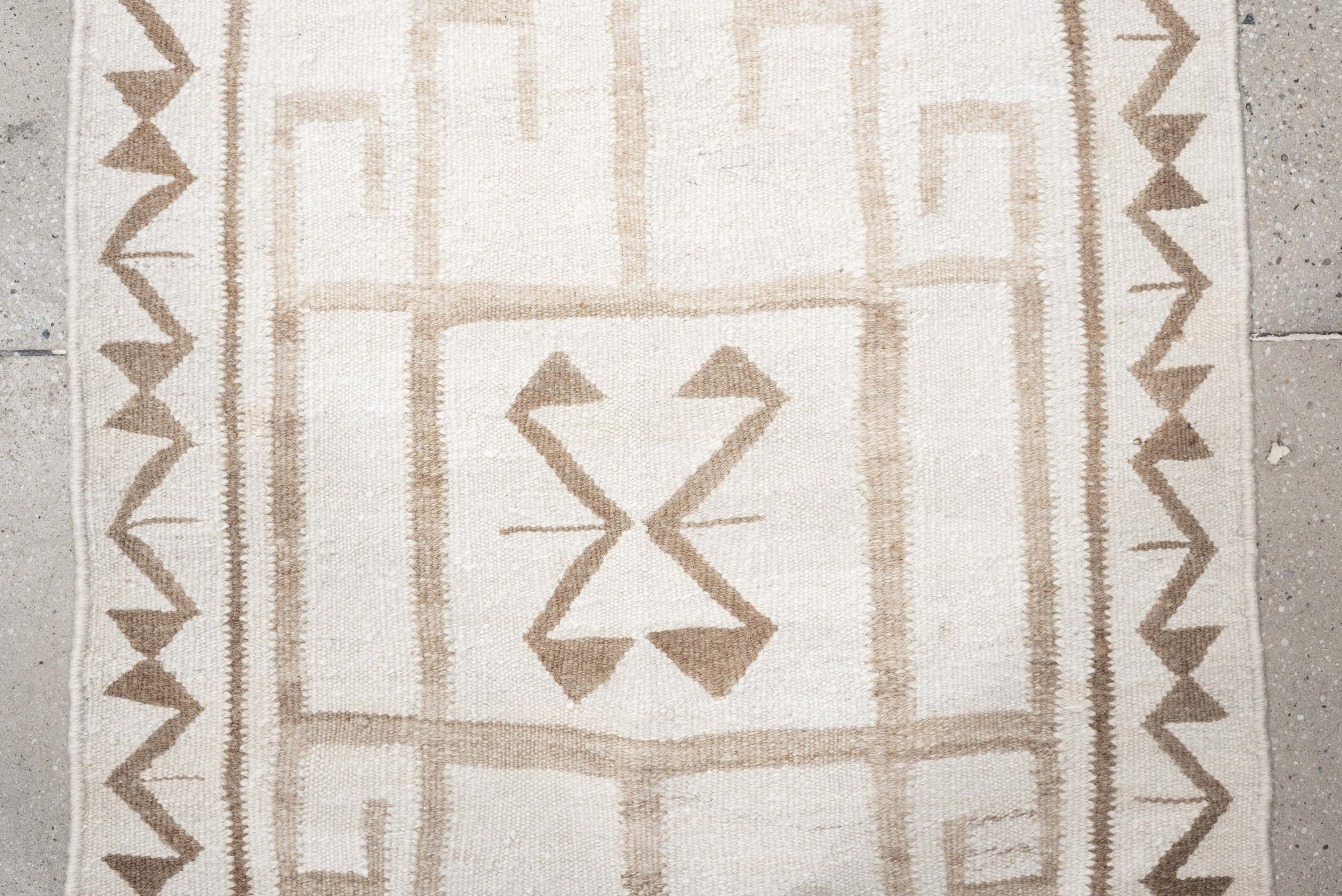 2' x 11' one-of-a-kind handmade antique Kilim runner rug. Color palette: ivory, taupe, beige, sand, gray