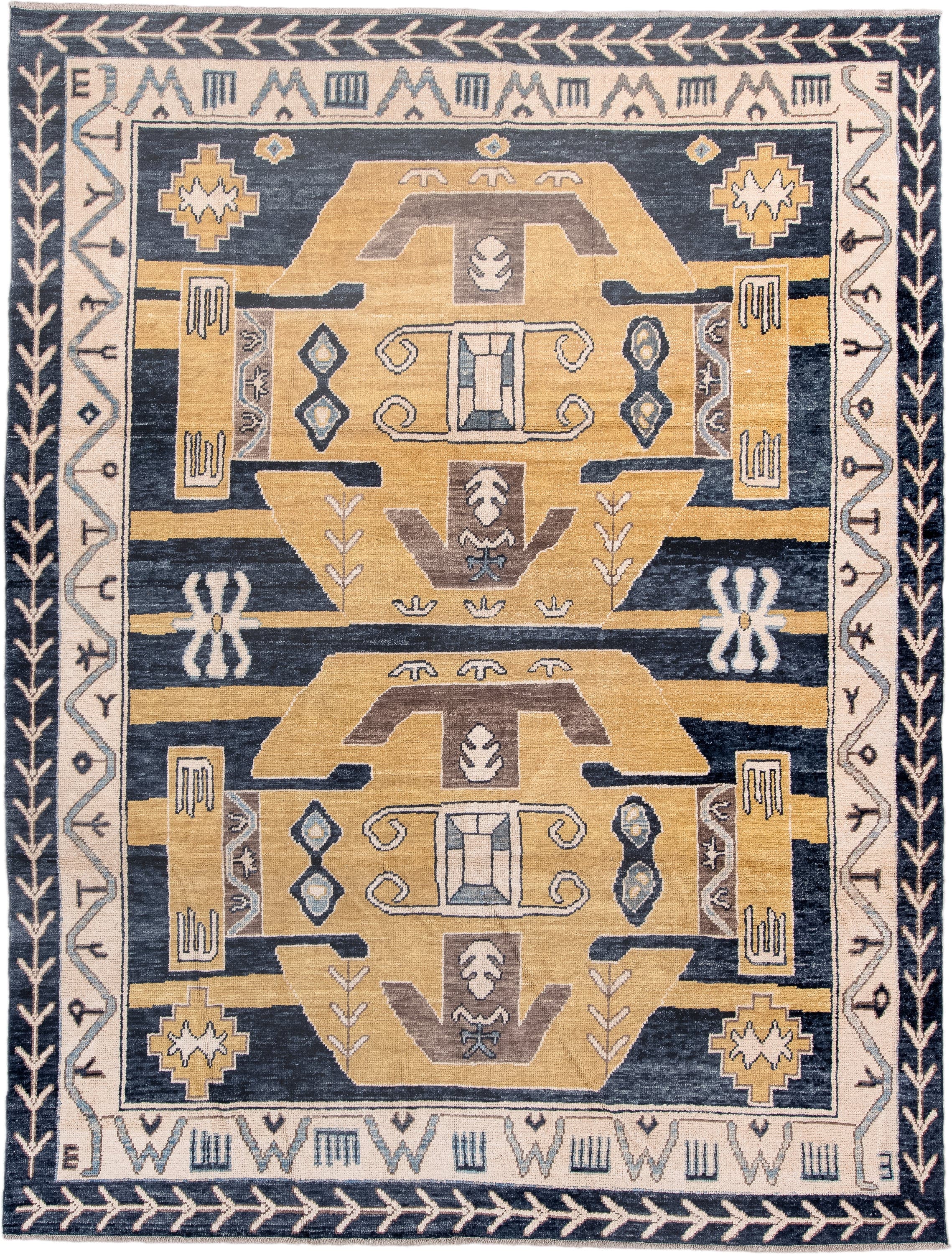 8' x 11' one-of-a-kind handmade vintage Kars large size rug. Color palette: navy, gold, ivory, taupe, slate, camel, blue