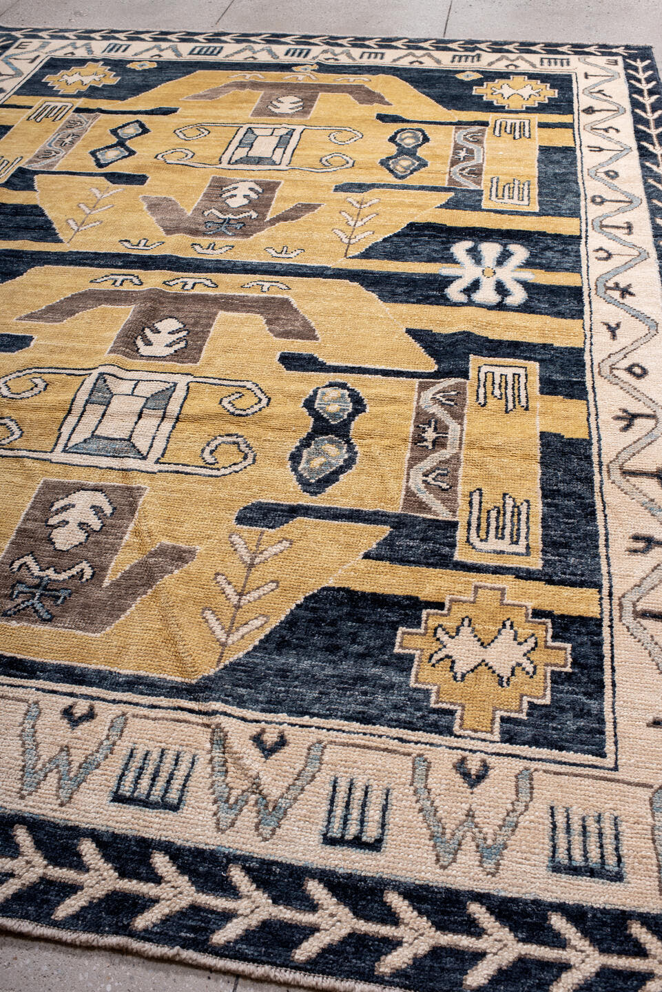 8' x 11' one-of-a-kind handmade vintage Kars large size rug. Color palette: navy, gold, ivory, taupe, slate, camel, blue