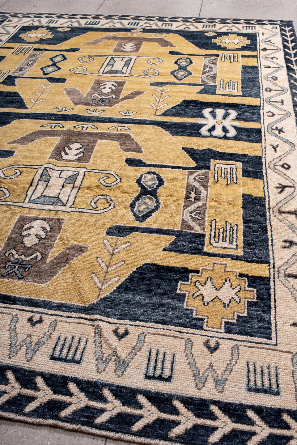 8' x 11' one-of-a-kind handmade vintage Kars large size rug. Color palette: navy, gold, ivory, taupe, slate, camel, blue