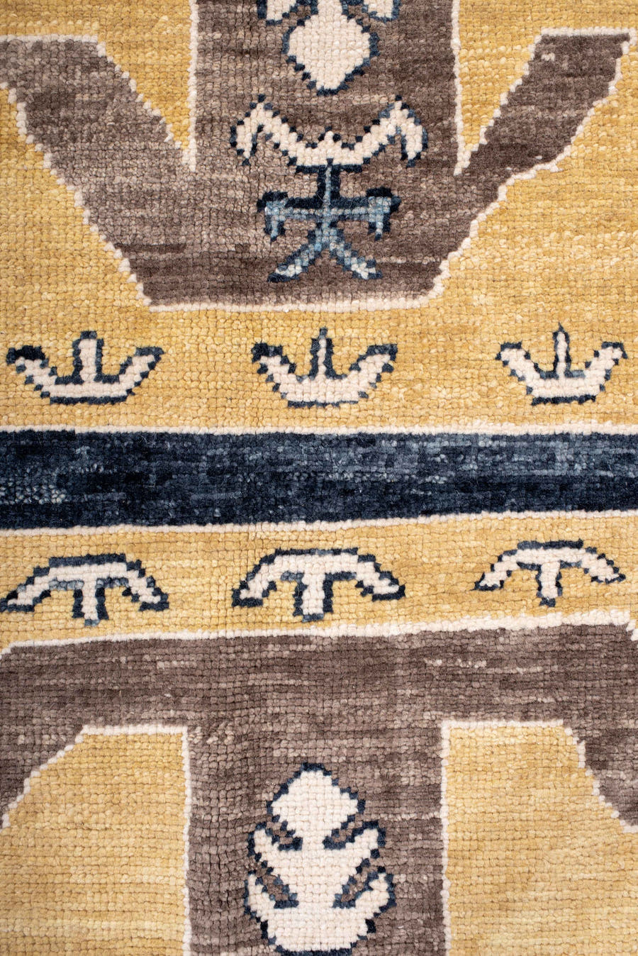 8' x 11' one-of-a-kind handmade vintage Kars large size rug. Color palette: navy, gold, ivory, taupe, slate, camel, blue
