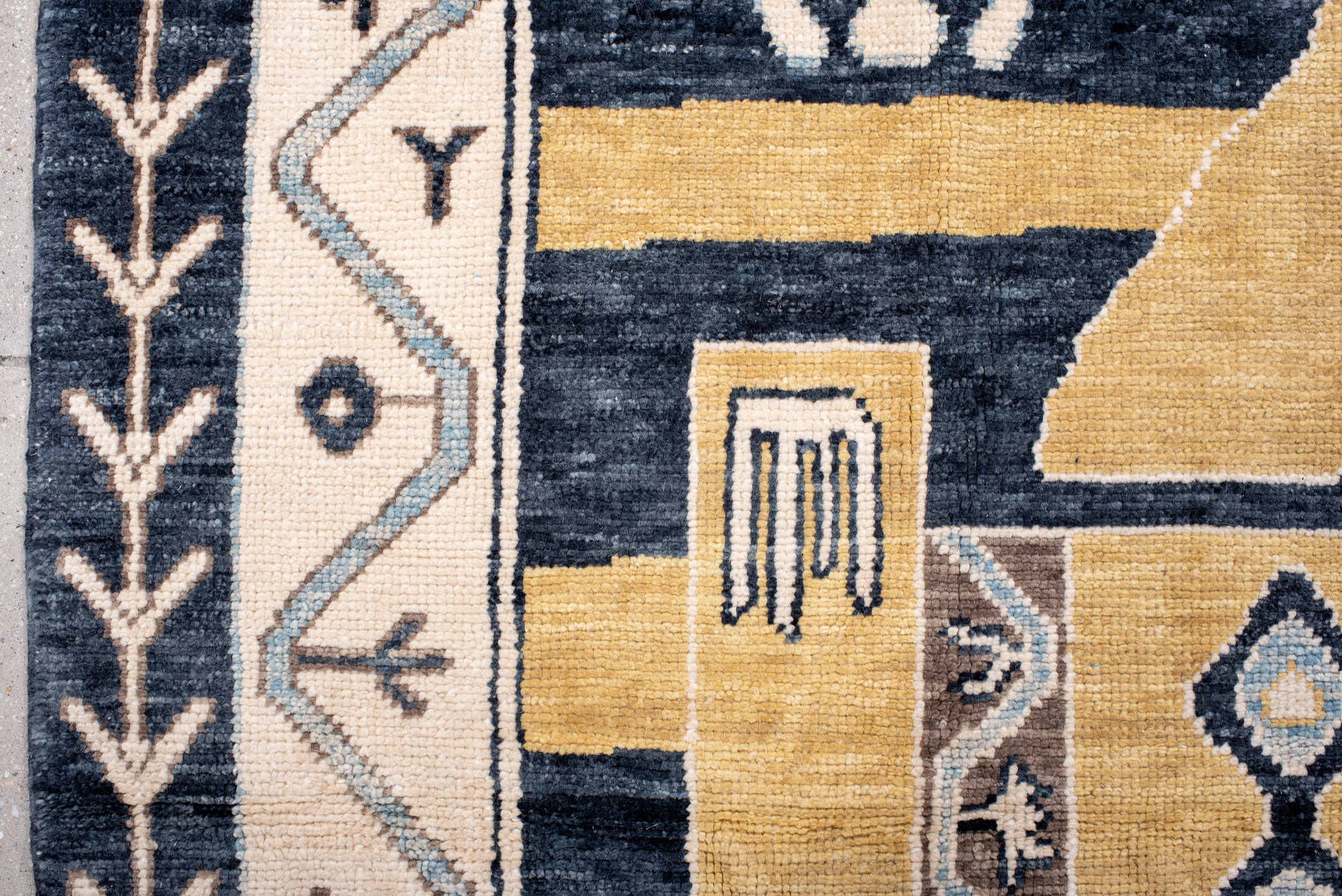 8' x 11' one-of-a-kind handmade vintage Kars large size rug. Color palette: navy, gold, ivory, taupe, slate, camel, blue