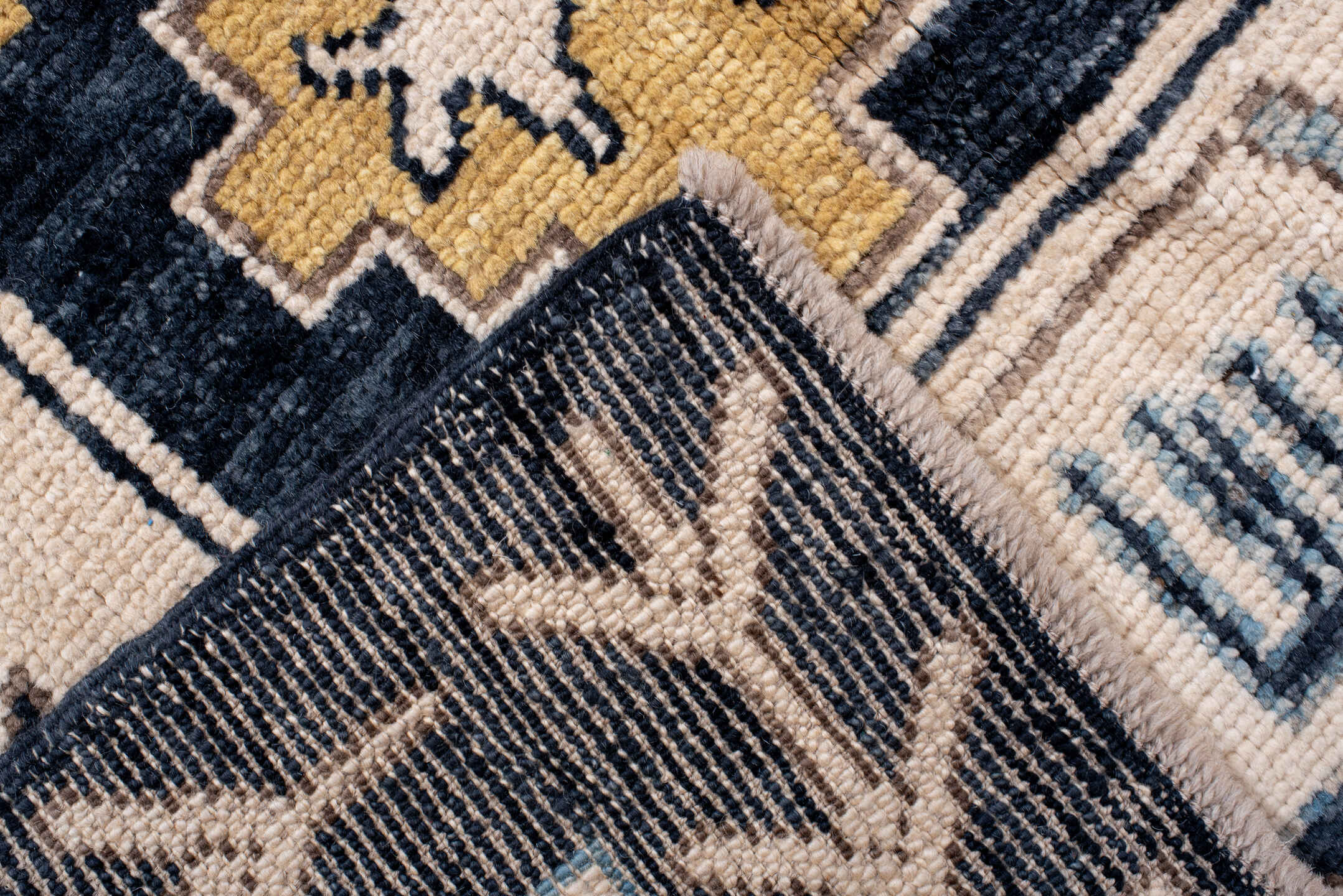 8' x 11' one-of-a-kind handmade vintage Kars large size rug. Color palette: navy, gold, ivory, taupe, slate, camel, blue