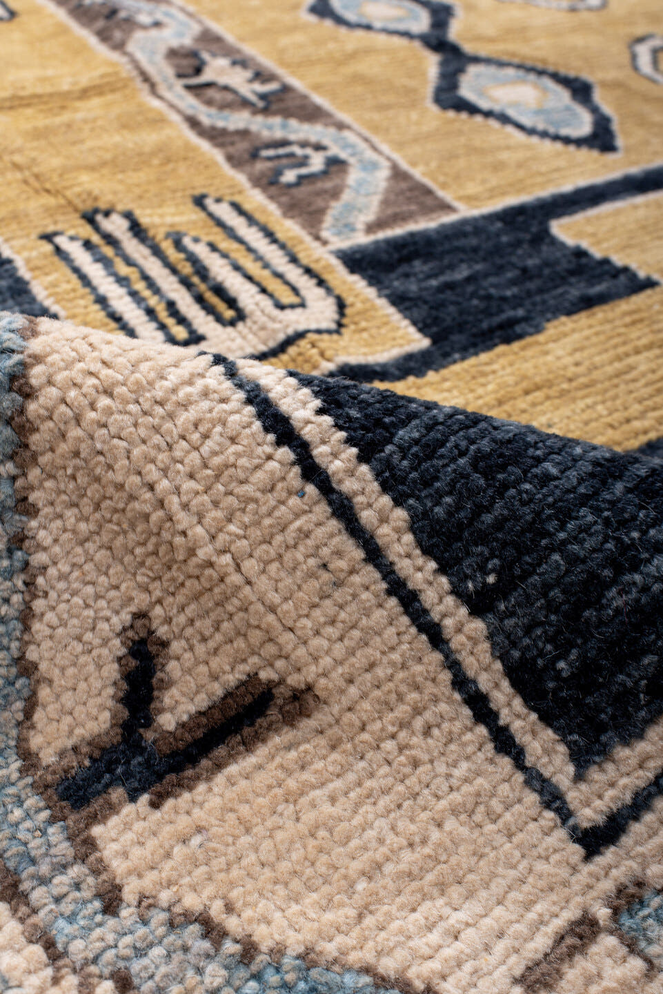 8' x 11' one-of-a-kind handmade vintage Kars large size rug. Color palette: navy, gold, ivory, taupe, slate, camel, blue