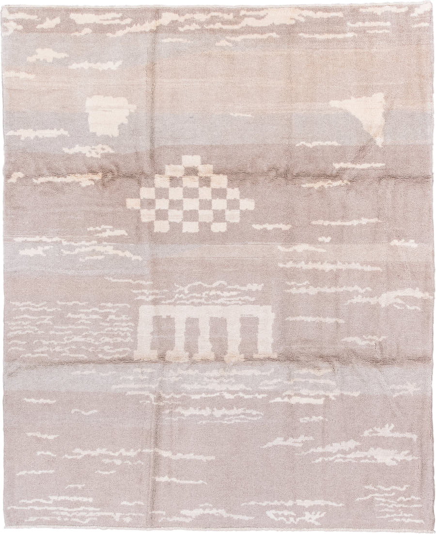 8' x 9' one-of-a-kind handmade vintage Kars rug. Color palette: blush, ivory, taupe, cream, pink, beige, gray