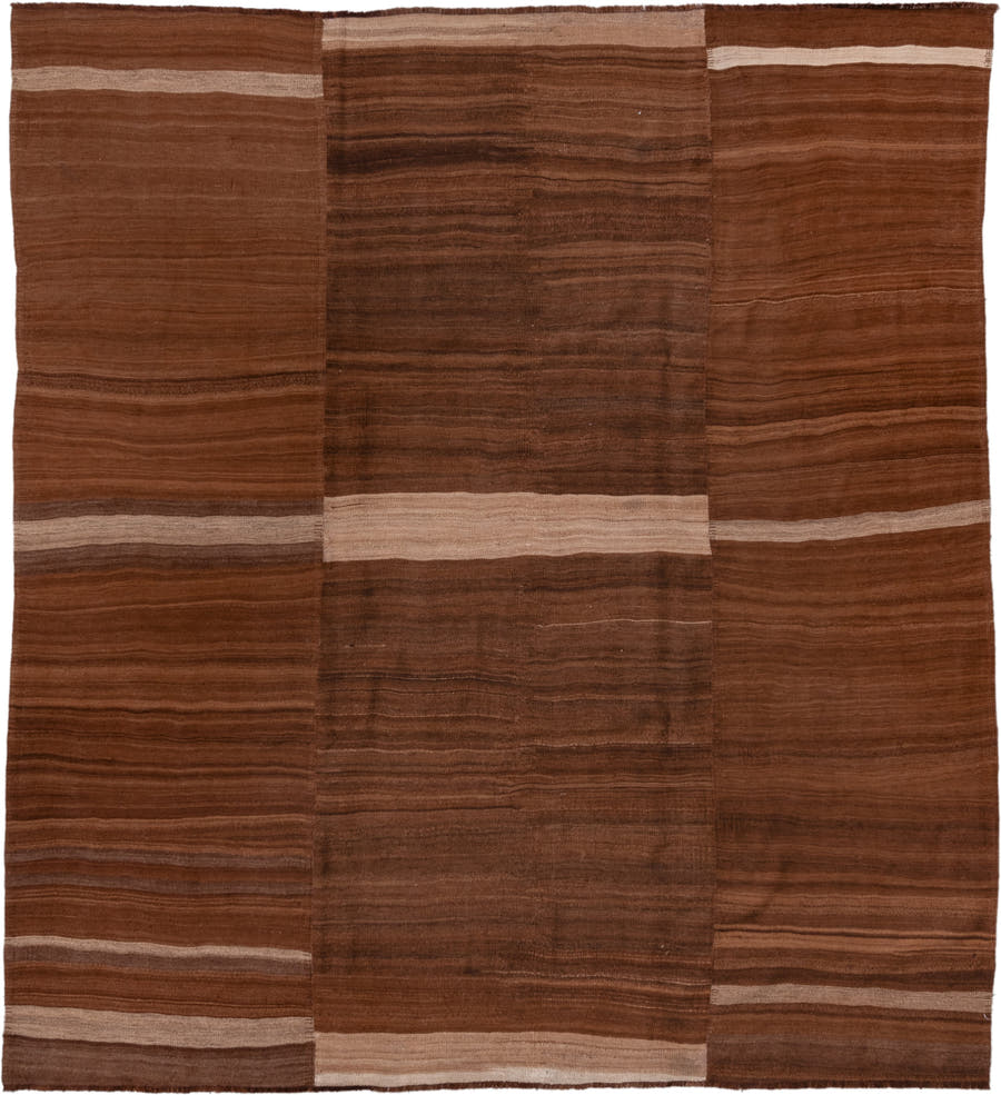 8' x 9' one-of-a-kind handmade vintage Kilim rug. Color palette: brown, camel, taupe, beige, chestnut, gray, red