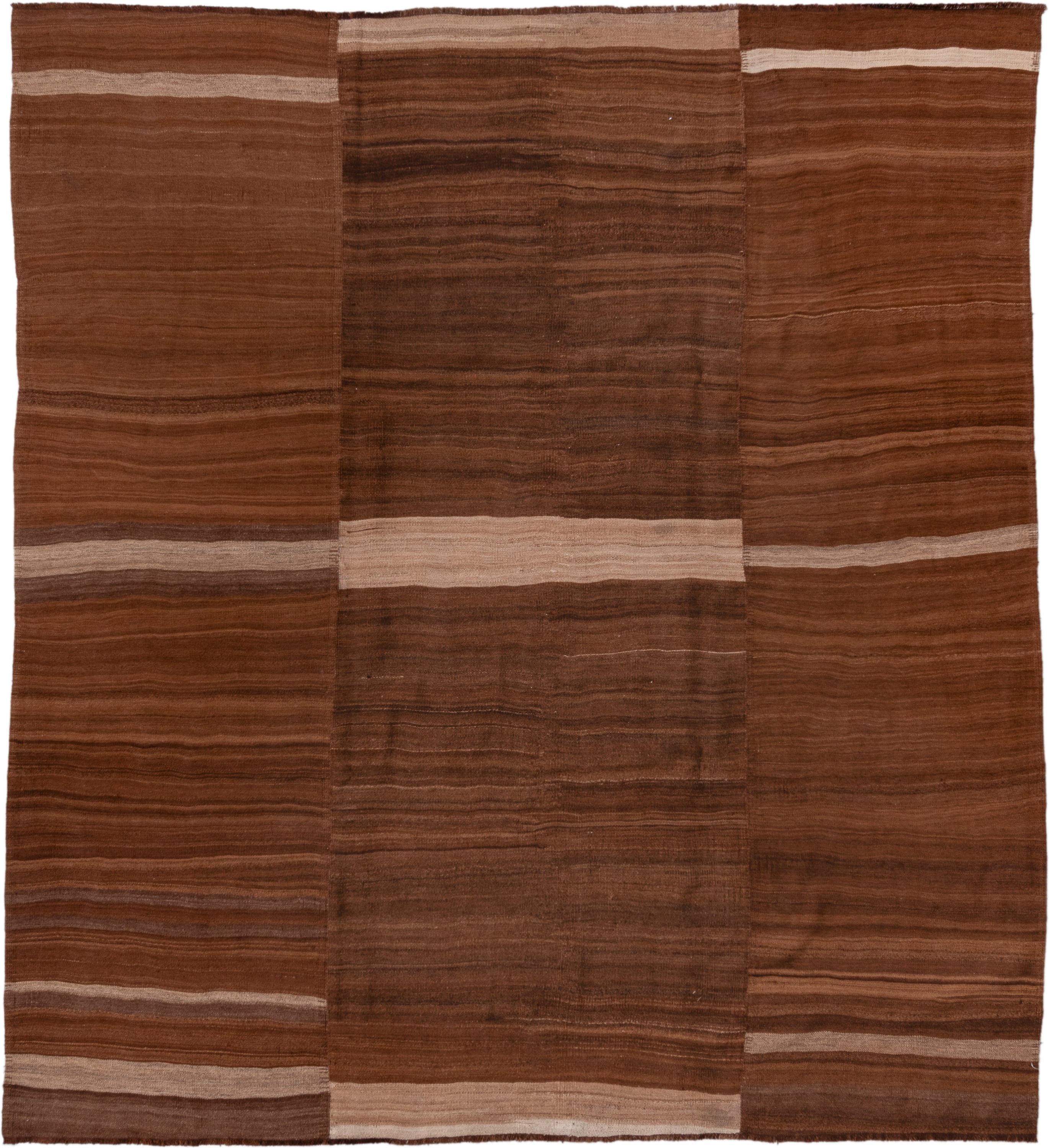 8' x 9' one-of-a-kind handmade vintage Kilim rug. Color palette: brown, camel, taupe, beige, chestnut, gray, red