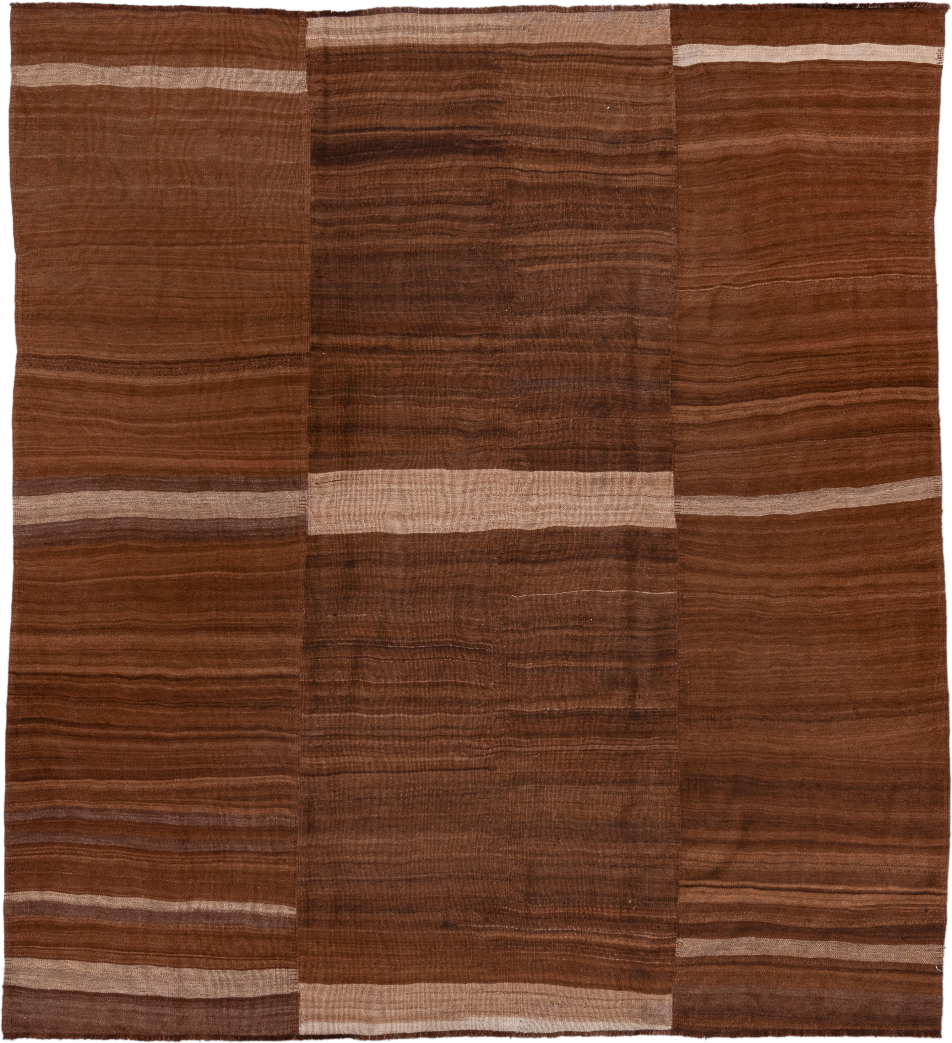 8' x 9' one-of-a-kind handmade vintage Kilim rug. Color palette: brown, camel, taupe, beige, chestnut, gray, red