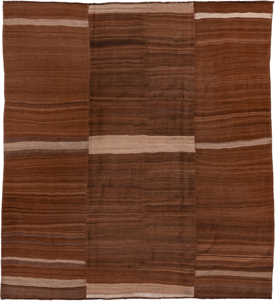 8' x 9' one-of-a-kind handmade vintage Kilim rug. Color palette: brown, camel, taupe, beige, chestnut, gray, red