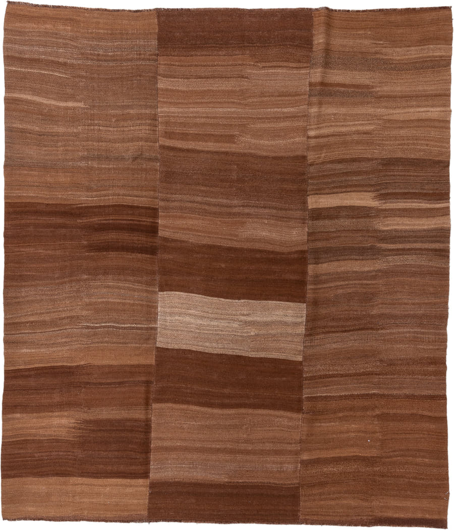 7' x 9' one-of-a-kind handmade vintage Kilim rug. Color palette: brown, camel, taupe, tan, beige, gray
