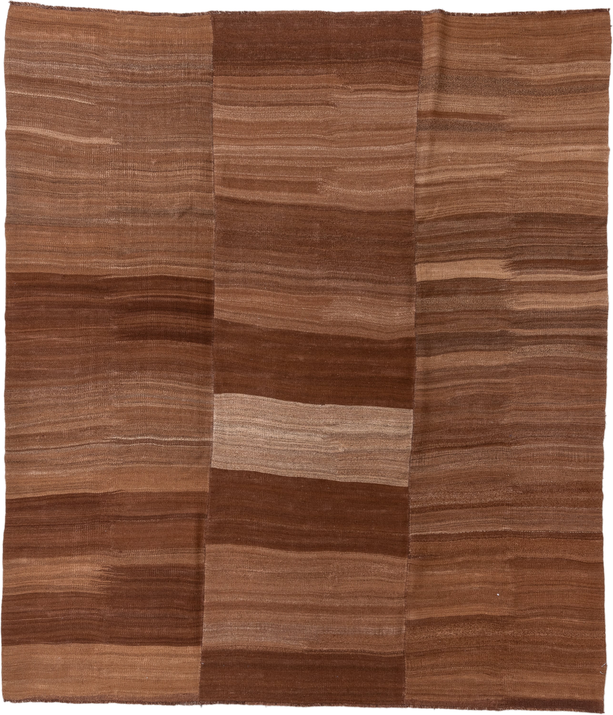 7' x 9' one-of-a-kind handmade vintage Kilim rug. Color palette: brown, camel, taupe, tan, beige, gray