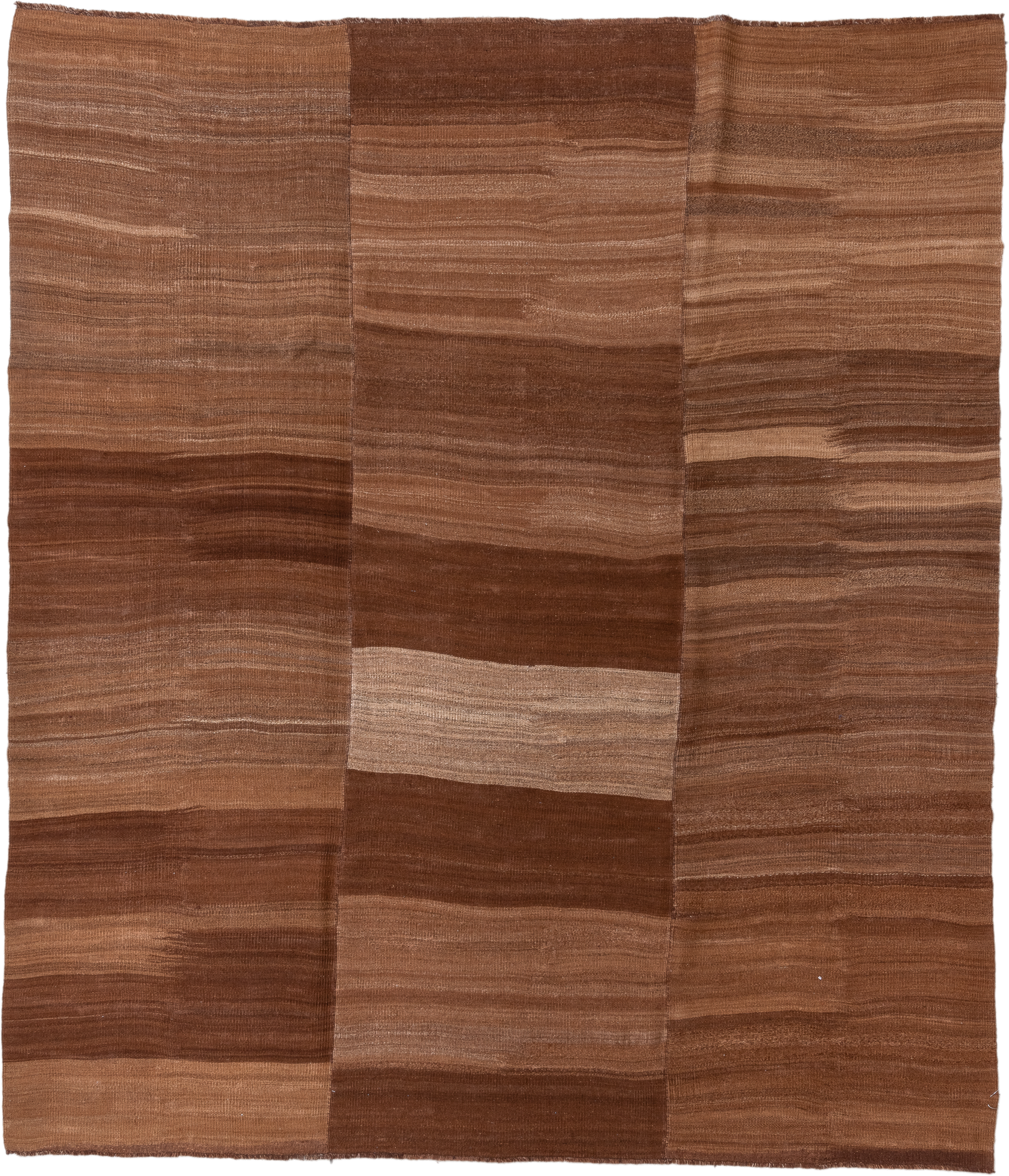 7' x 9' one-of-a-kind handmade vintage Kilim rug. Color palette: brown, camel, taupe, tan, beige, gray