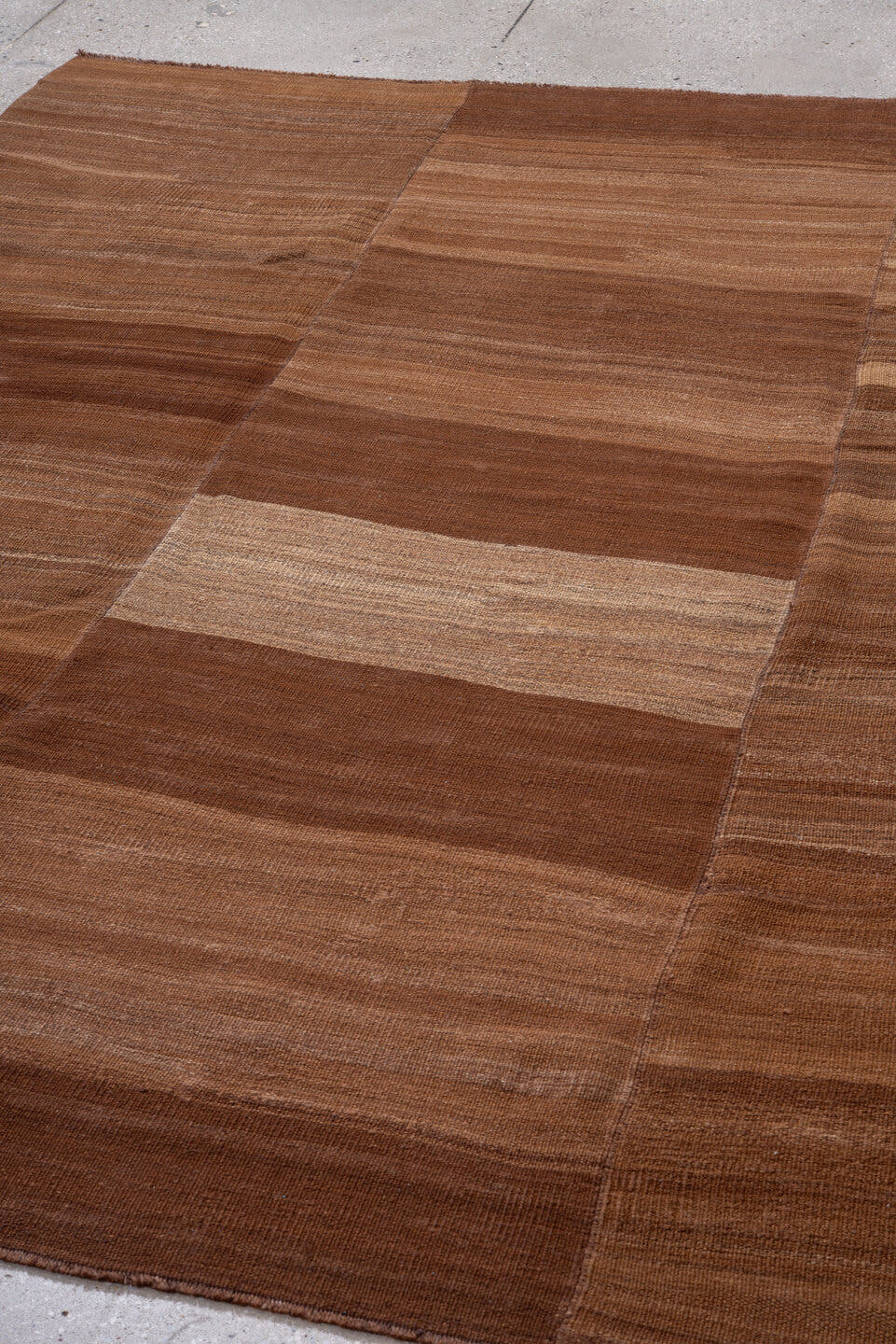 7' x 9' one-of-a-kind handmade vintage Kilim rug. Color palette: brown, camel, taupe, tan, beige, gray