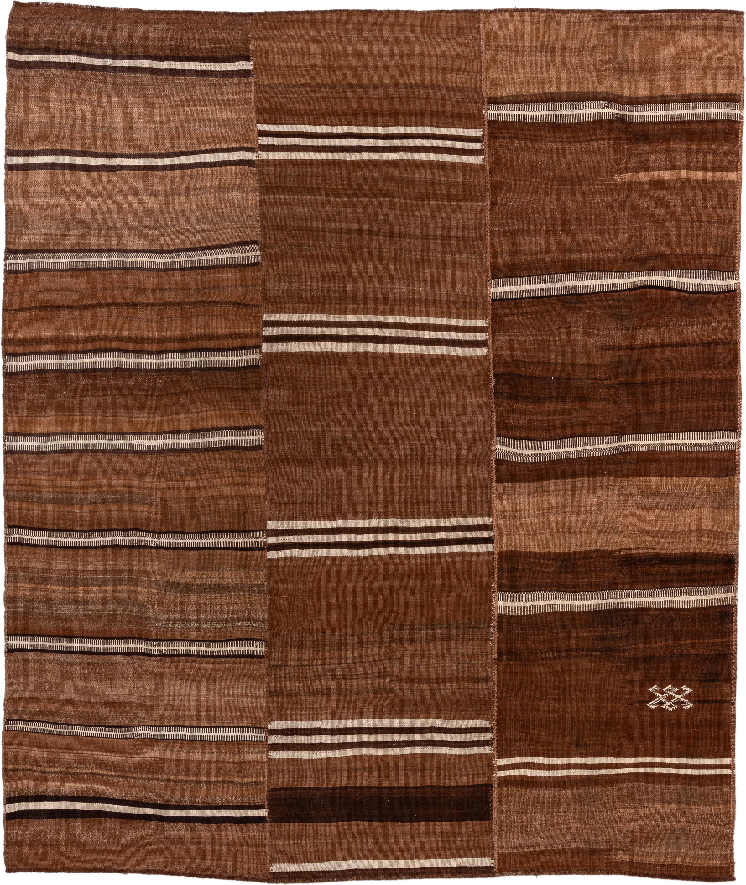 8' x 10' one-of-a-kind handmade vintage Kilim large size rug. Color palette: brown, camel, taupe, ivory, espresso, beige