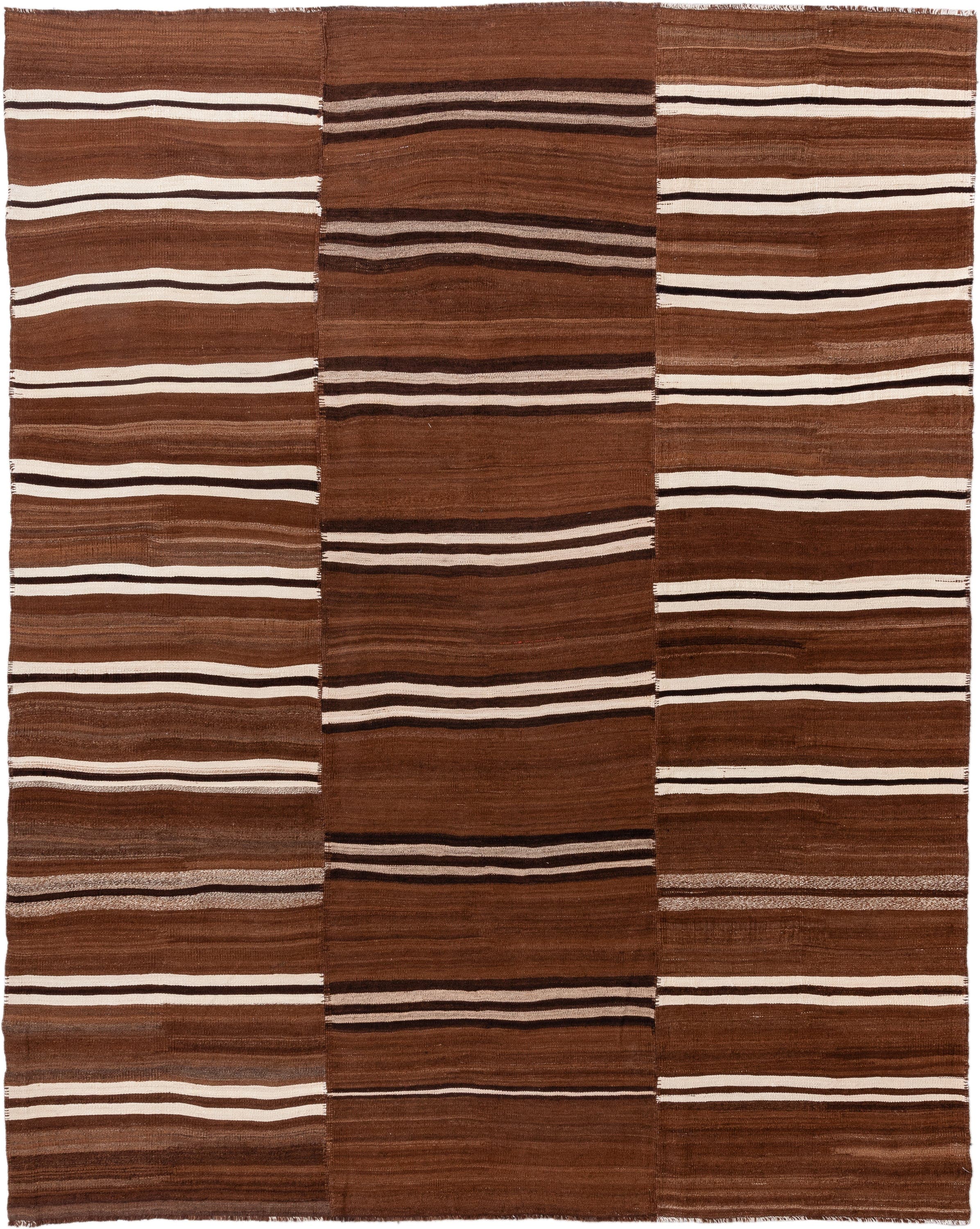 8' x 10' one-of-a-kind handmade vintage Kilim large size rug. Color palette: brown, ivory, espresso, taupe, black, beige