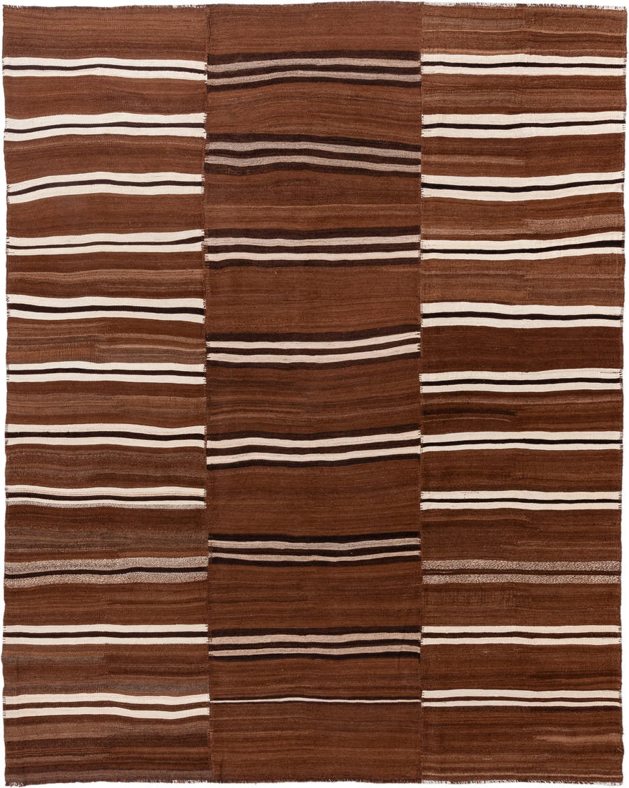 8' x 10' one-of-a-kind handmade vintage Kilim large size rug. Color palette: brown, ivory, espresso, taupe, black, beige
